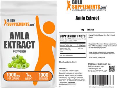 BulkSupplements.com Amla Extract Powder 1000 mg source label used in the packaging illustration