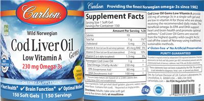 Carlson Cod Liver Oil Gems Low Vitamin A Natural Lemon Flavor source label used in the packaging illustration