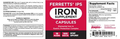 Pharmics Ferretts IPS Iron Supplement Capsules 18 mg source label used in the packaging illustration
