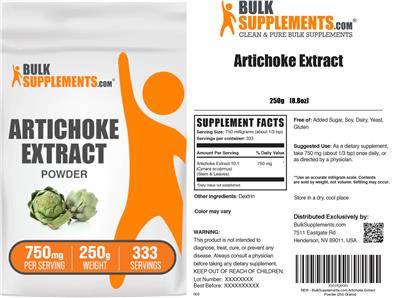 BulkSupplements.com Artichoke Extract Powder 750 mg source label used in the packaging illustration