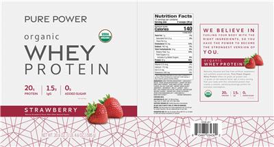 Pure Power Organic Whey Protein Strawberry source label used in the packaging illustration