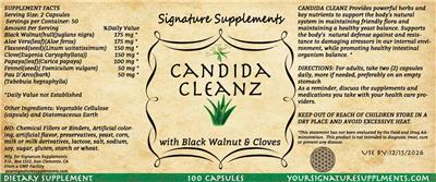 Signature Supplements Candida Cleanz source label used in the packaging illustration