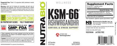 NutraBio KSM-66 Ashwagandha source label used in the packaging illustration