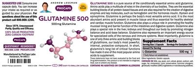ProCaps Glutamine 500 source label used in the packaging illustration