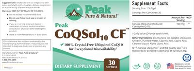 Peak Pure & Natural Peak CoQSol 10 CF source label used in the packaging illustration