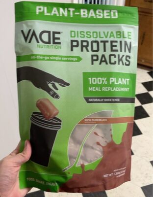 Vade Nutrition Dissolvable Plant Protein Packs Rich Chocolate source label used in the packaging illustration