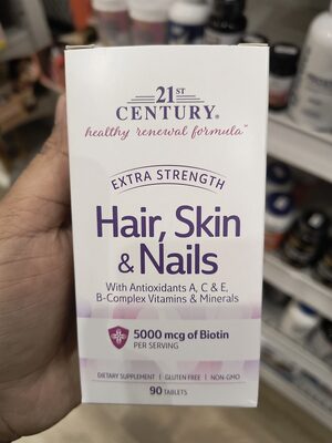 21st Century Extra Strength Hair Skin & Nails source label used in the packaging illustration