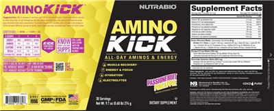 NutraBio Amino Kick Passionfruit Pineapple source label used in the packaging illustration