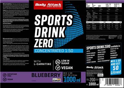 Body Attack Sports Nutrition Sports Drink Zero Blueberry Flavour product packaging