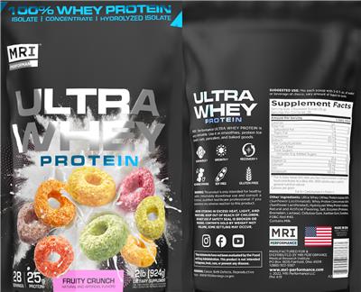 MRI Performance Ultra Whey Protein Fruity Crunch source label used in the packaging illustration