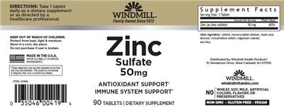 Windmill Zinc Sulfate 50 mg source label used in the packaging illustration