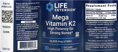 Life Extension Mega Vitamin K2 45000 mcg product packaging