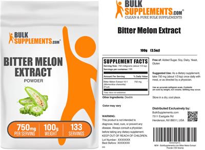 BulkSupplements.com Bitter Melon Extract Powder 750 mg source label used in the packaging illustration