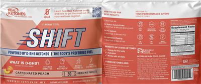 Real Ketones Shift Caffeinated Peach source label used in the packaging illustration