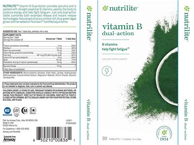 Nutrilite Vitamin B Dual-Action source label used in the packaging illustration