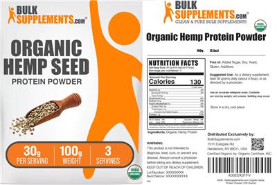 BulkSupplements.com Organic Hemp Seed Protein Powder 30 g source label used in the packaging illustration