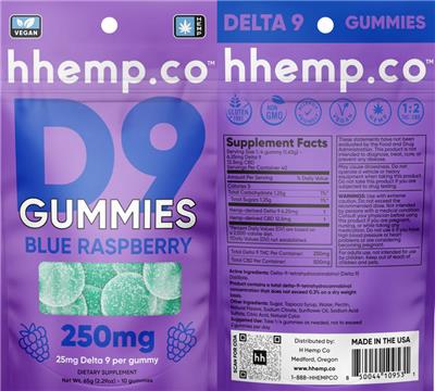hhemp.co D9 Gummies Blue Raspberry 250 mg source label used in the packaging illustration