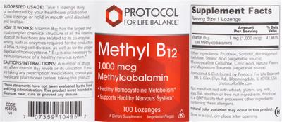 Protocol For Life Balance Methyl B12 1000 mcg Methylcobalamin source label used in the packaging illustration