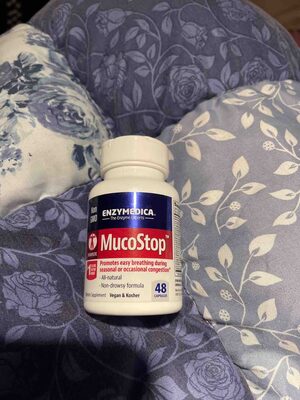 Enzymedica MucoStop source label used in the packaging illustration