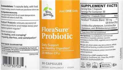 Terry Naturally FloraSure Probiotic 20 Billion CFU source label used in the packaging illustration