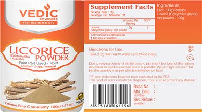Vedic Powders Licorice Powder source label used in the packaging illustration