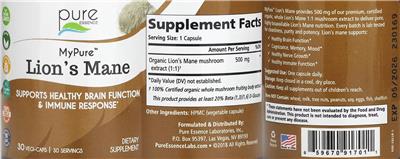 Pure Essence MyPure Lion's Mane source label used in the packaging illustration
