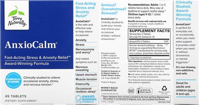 Terry Naturally AnxioCalm source label used in the packaging illustration