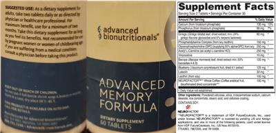 Advanced Bionutritionals Advanced Memory Formula source label used in the packaging illustration
