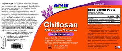 NOW Chitosan 500 mg Plus Chromium source label used in the packaging illustration