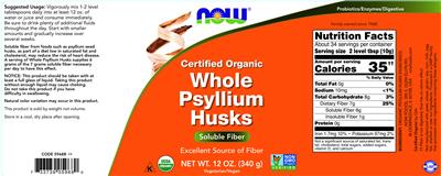 NOW Certified Organic Whole Psyllium Husks source label used in the packaging illustration