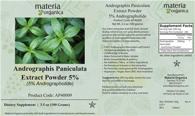 Materia Organica Andrographis paniculata Extract Powder 5% source label used in the packaging illustration