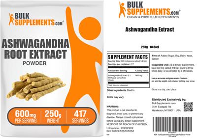 BulkSupplements.com Ashwagandha Root Extract Powder 600 mg source label used in the packaging illustration
