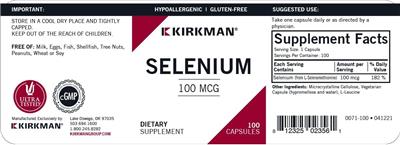 Kirkman Selenium 100 mcg source label used in the packaging illustration