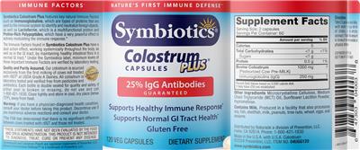 Symbiotics Colostrum Plus Capsules source label used in the packaging illustration