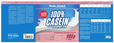 Body Attack Sports Nutrition 100% Casein Protein Strawberry Banana Cream source label used in the packaging illustration