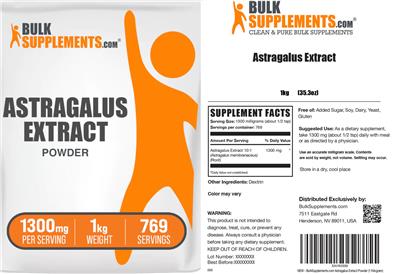 BulkSupplements.com Astragalus Extract Powder 1300 mg source label used in the packaging illustration