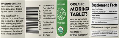 Pure Indian Foods Organic Moringa Tablets source label used in the packaging illustration