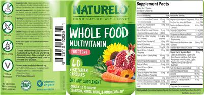 NATURELO Whole Food Multivitamin for Teens source label used in the packaging illustration