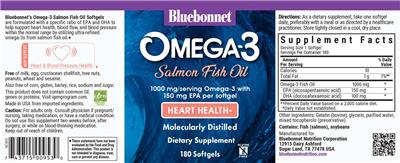 Bluebonnet Omega-3 Salmon Fish Oil Heart Health 1000 mg source label used in the packaging illustration