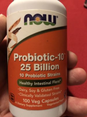 NOW Probiotic-10 25 Billion source label used in the packaging illustration