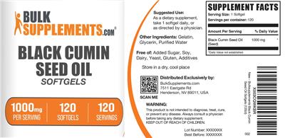 BulkSupplements.com Black Cumin Seed Oil Softgels 1000 mg source label used in the packaging illustration