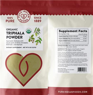 Pure Indian Foods Organic Triphala Powder source label used in the packaging illustration