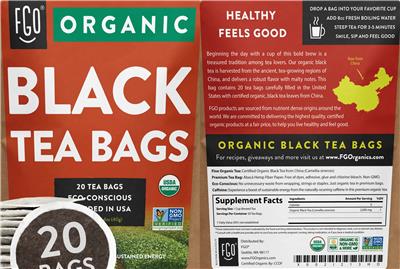 FGO Organic Black Tea Bags source label used in the packaging illustration