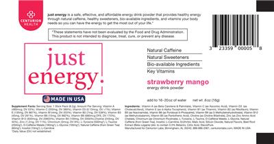 Centurion Health Just Energy Strawberry Mango source label used in the packaging illustration