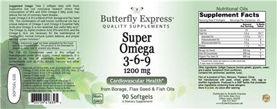 Butterfly Express Super Omega 3-6-9 1200 mg source label used in the packaging illustration