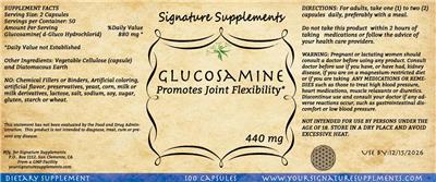 Signature Supplements Glucosamine 440 mg source label used in the packaging illustration