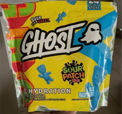 GHOST Hydration Sour Patch Kids Blue Raspberry source label used in the packaging illustration