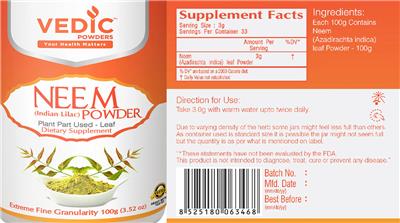 Vedic Powders Neem Powder source label used in the packaging illustration