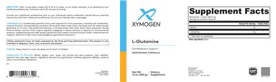 XYMOGEN L-Glutamine source label used in the packaging illustration