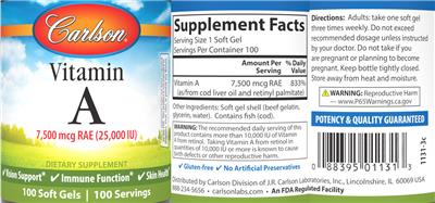 Carlson Vitamin A 7500 mcg RAE (25000 IU) source label used in the packaging illustration